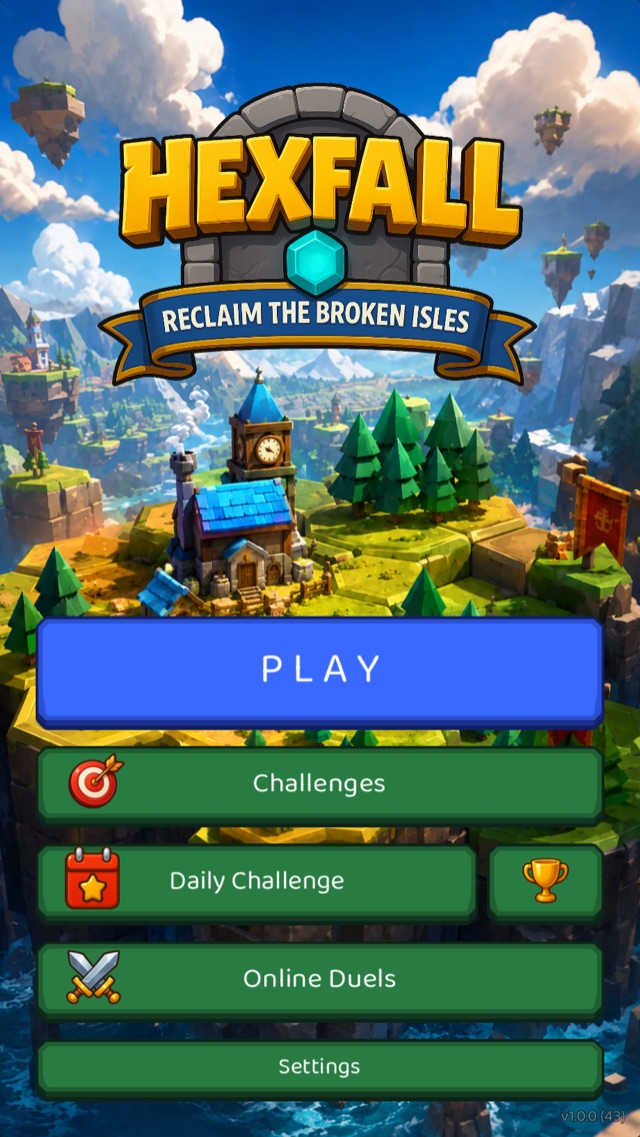 Hexfall main menu — an island of hexes